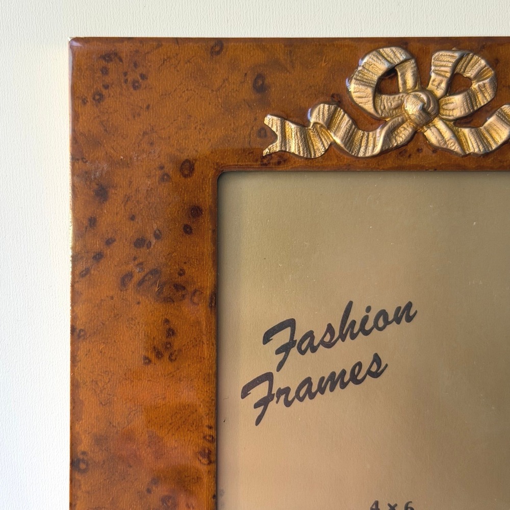 VTG Picture Frame Ornate Old‎ World French Cottage Brown Gold Bow Coquette 4x6